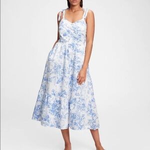 NWT Gap Blue and White Floral Toile Cotton Midi Tie Strap Dress
